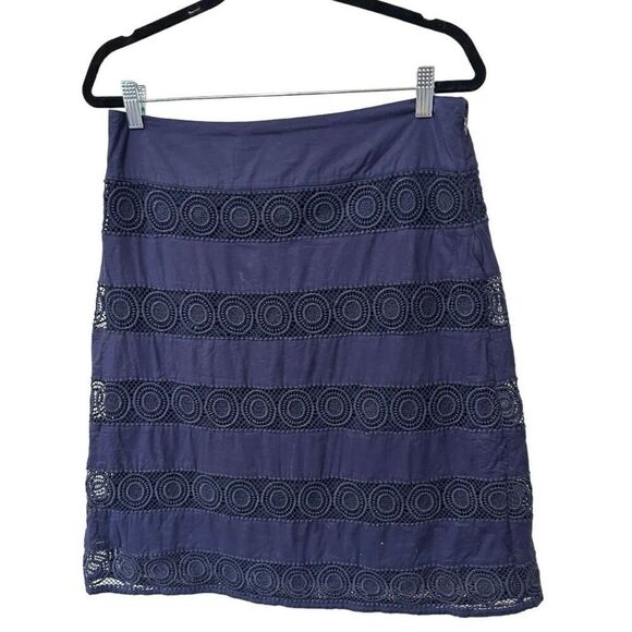 Monsoon Navy Broderie Anglaise Geometric Lined Knee Length Midi Skirt Size 12 - Picture 1 of 7